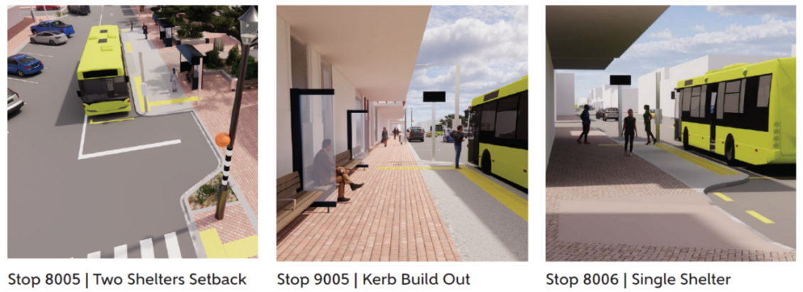Artist impressions of three stops on Jackson Street; two shelters set back from the road, a kerb build out, and a shelter